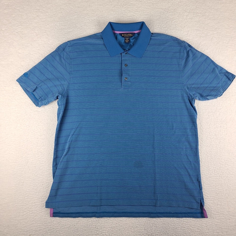 Brooks Brothers Polo Shirt Mens 2XL XXL Blue Striped Performance Short Sleeve *